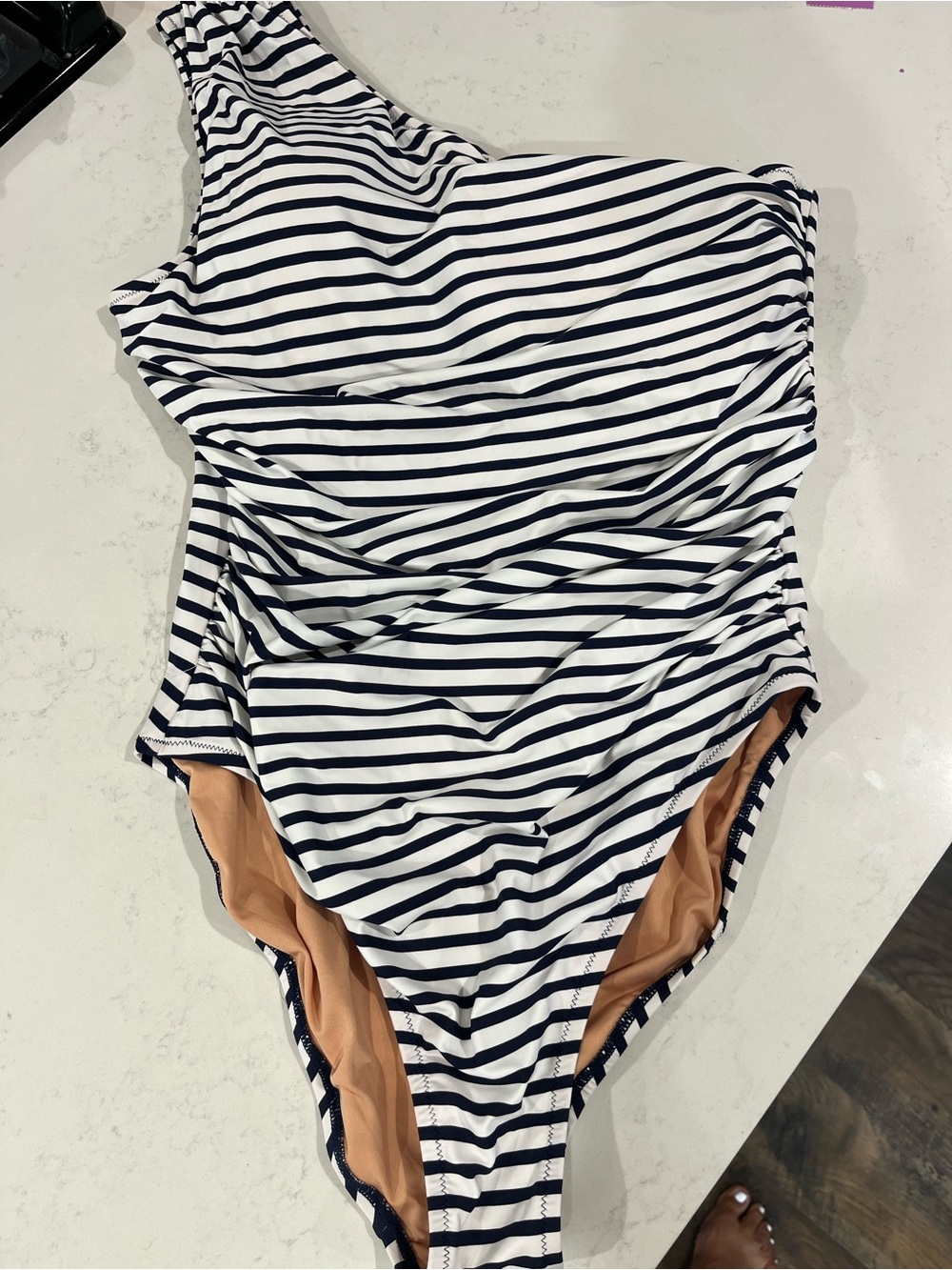 J Crew women’s Striped One-Shoulder One-Piece Swimsuit - Navy & White